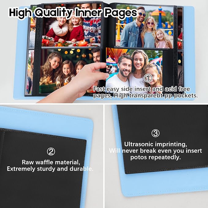 Aevdor 5x7 Photo Album, Holds 272 Photos, Leather Cover, Blue | Clear 5x7 Photo Pockets, Front Display Window, Family, Wedding, Birthday, Anniversary & Travel Memories - Image 5