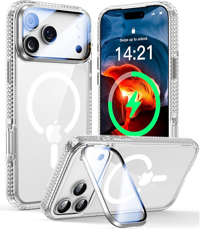 VOFATA [Upgraded Full Camera Protection] for iPhone 17 Pro Max Case with Camera Cover Stand [Fit for MagSafe][10FT Mil-Grade Protection] Transparent Magnetic iPhone 17 Pro Max Phone Case, Clear by VOFATA
