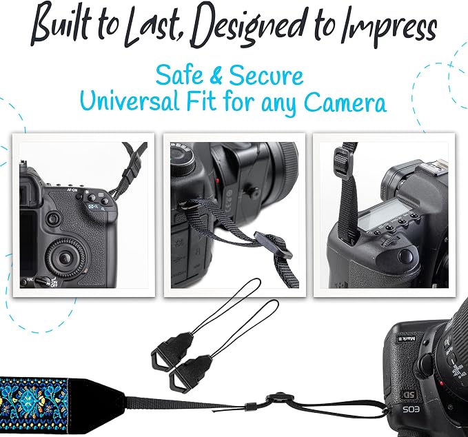 Camera Strap - Shoulder, Crossbody & Neck Camera Strap for Photographers, Fits All Cameras, Canon Nikon Sony Fujifilm, Padded Strap W/ Quick Release, Embroidered Cotton & Leather Ends, Blue - Image 7