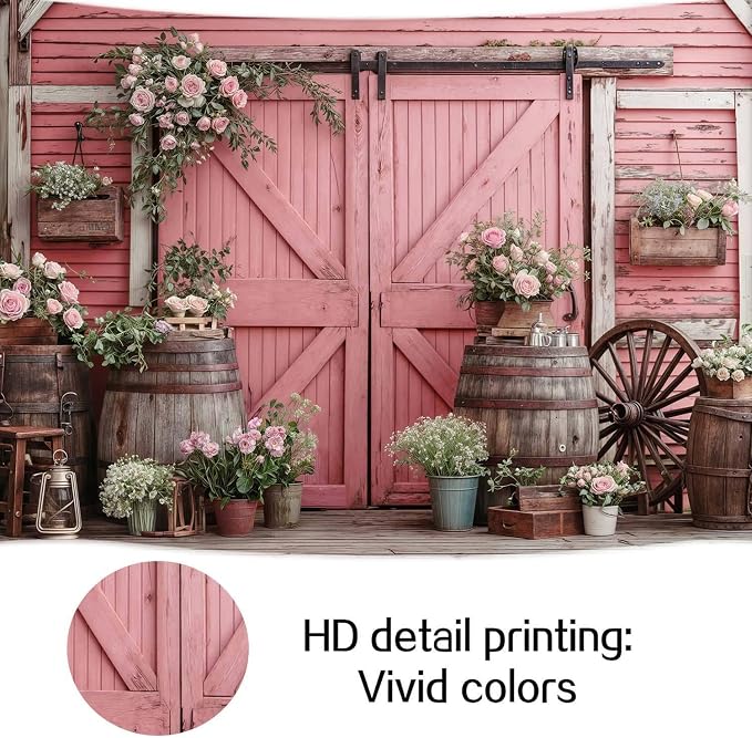 9x6ft Country Wedding Photography Backdrop Rustic Barn Door Photography Backdrop Farmhouse Pink Flower Cabin Wooden Birthday Baby Shower Wedding Bridal Party Banner Photo Booth Props Background - Image 7