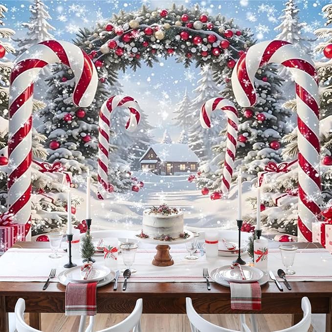 Winter Christmas Cane Candy Photography Backdrop 12x8ft Xmas Snow Scene Christmas Tree Background New Year Eve Party Decorations Banner Winter Holiday Photo Studio Props Vinyl - Image 5