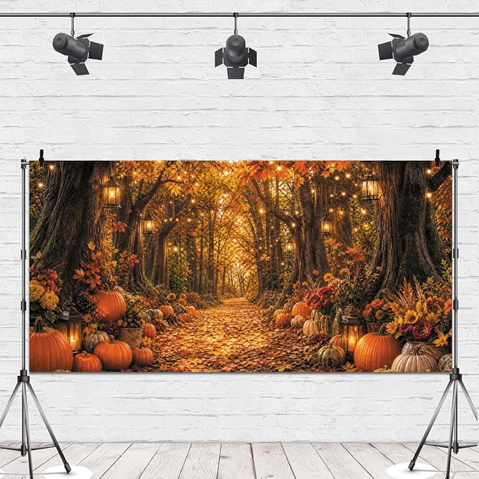 Fall Autumn Forest Photography Backdrop 20x10ft Autumn Woodland Pumpkin Maple Leaves Background Fall Thanksgiving Orange Flowers Seasonal Party Decorations Banner Vinyl by Leowefowa