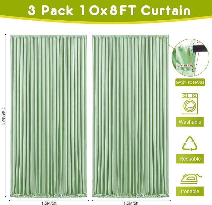 Sage Green Backdrop Curtain Drapes for Parties, 3Pack 10x8FT | Wrinkle Free Polyester Curtain Backdrop Draping Fabric for Backdrop Photoshoot Birthday Party Background,6 Panel 5x8FT - Image 2