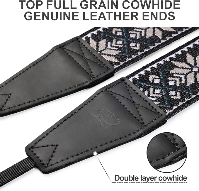 Padwa Lifestyle Camera Strap - 2" Full Grain Leather Ends Camera Straps for Photographers, Vintage Embroidered Cotton Weave Soft Strap Quick Release fits All Cameras - Image 2