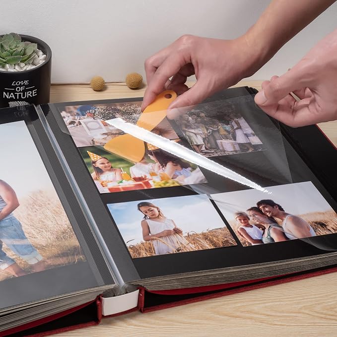 Large Photo Album Self Adhesive 4x6 5x7 3x5 8x10 Scrapbook Magnetic Album DIY Scrap Book Length 13 x Width 12.8 (Inches) 120 Black Sticky Pages Linen Cover DIY Photo Album(Red) - Image 2