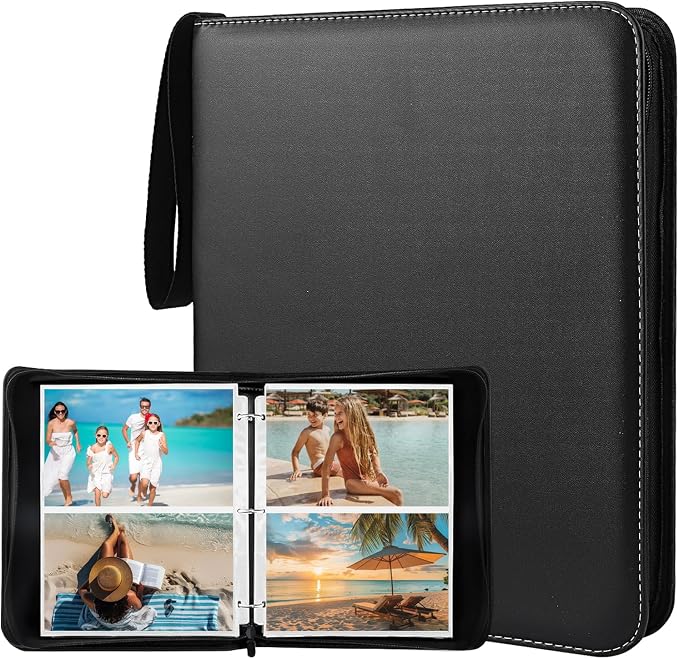 Photo Album 5x7 200 Pockets, Zip Photos Binder Album with 50Pcs Double Sided Pocket Sleeves, PU Leather Pictures Albums Folder, Seed Storage Binder Album (Black) by superaimi