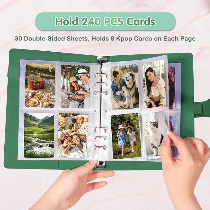 A5 Photocard Holder and Binder, PU Leather 6-Ring Album with Magnetic Closure, Includes 30 Pack 4-Pocket Pages for 240 Cards, Card Holder for Kpop, Trading, and ID Cards (Forest Green) - Image 2