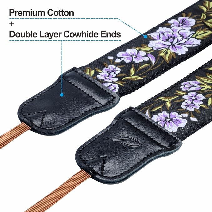 Padwa Lifestyle Purple Flower Camera Strap - 2" Double Layer Cowhide Head Camera Straps for Photographers，Adjustable Neck & Shoulder Vintage Jacquard Embroidery Flower Cotton Strap for all Cameras - Image 2
