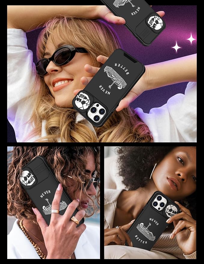 (2in1 for iPhone 15 Pro Case Skull Skeleton Women Boys Goth Phone Cover Cute Fun Gothic Black Spooky Cool Design with Slide Camera Cover Protective Stand Holder for iPhone 15 Pro Cases 6.1'' - Image 6