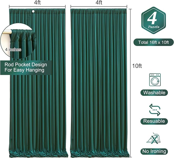 Hunter Green Backdrop Curtain-Wrinkle-Free Polyester Fabric Green Photography Curtains for Wedding Party Photo Background Decorations- 16 X10FT (Hunter Green) - Image 3
