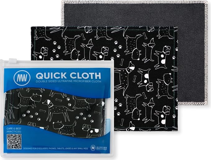 Microfiber Wholesale Quick Cloth Glasses Cleaning Cloths 5x7 Dogs 2-Pack | with Case | Double-Sided Lens Cleaner for Eyeglasses, Camera, Screens & Glass | Reusable Microfiber Glass Polishing Cloths by MicrofiberWholesale