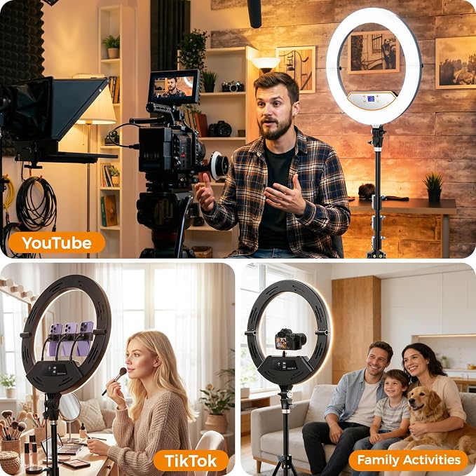 18" Ring Light with Stand: Touch Screen LED Display & 60" Tall Tripod, | 3 Color modes 6500K / 2 USB Ports Foldable LED Big Ring Light Tripod for Live Stream,YouTube,TikTok Video Shooting - Image 7