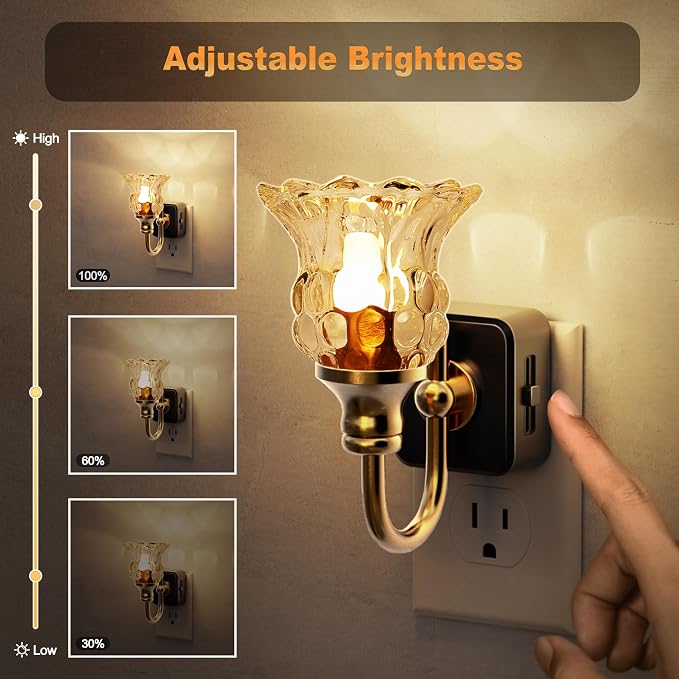 JandCase Night Light, Floral Night Lights Plug into Wall 2 Pack | Glass Flower LED Nightlight, 0-100LM Dimmable Nightlights with Light Sensor, 1W Vintage Nite Light for Bathroom Gift Vanity - Image 2