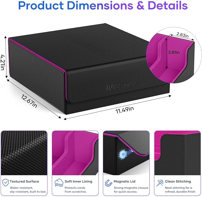 Mlikero Trading Card Storage Box, Bulk Card Storage for 2400+ Sleeved Cards, PU Leather Magnetic Closure Card Organizer with 10 Dividers & 4 Foam Stoppers, Fit for MTG, TCG and Sports Cards (Purple) - Image 6