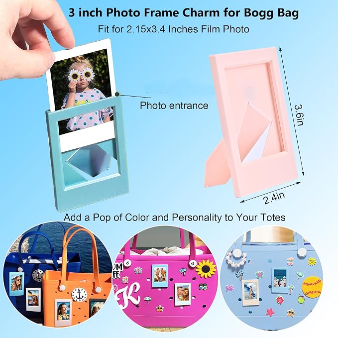 2 in 1 Picture Frame for Bogg Bag Accessories, 2x3 Photo Frame for Fujifilm Instax 3-Inch Film, Custom Frame Charms for Beach Tote Bag(1Piece Pink, 1Piece White) - Image 2