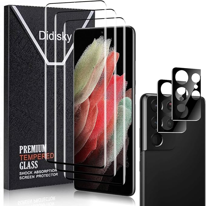 Didisky 3+2 Pack Screen Protector for Samsung Galaxy S21 Ultra Tempered Glass and Camera Lens Protector,3D Curved Full Coverage,Scratch-Resistant, HD,Easy to Use,Bubble Free, 9H by Didisky