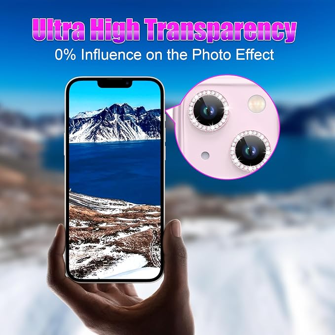 AGVEE 3+3 6 Pack for iPhone 13 & Mini Camera Lens Protector Cover | Individual Bling Diamond & Bling Glitter Sparkle Cute Gem Metal Ring, 9H Tempered HD Glass - Image 6