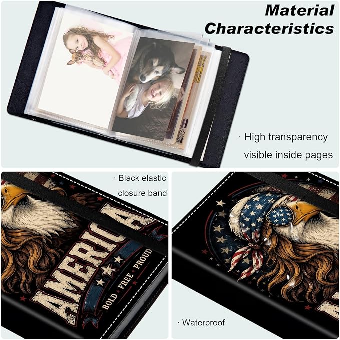 Small Photo Album 4x6, 60 Pockets Holds 120 Photos, Slip-in Pocket Photo Storage Book with Black Elastic Band for Family Wedding Baby Travel Pictures, Vintage Bald Eagle Usa Flag - Image 5