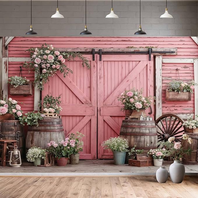 15x10ft Country Wedding Pink Photography Backdrop Rustic Wooden Door Photography Backdrop Farmhouse Flower Western Girl Birthday Baby Shower Wedding Bridal Party Banner Photo Booth Props Background - Image 8
