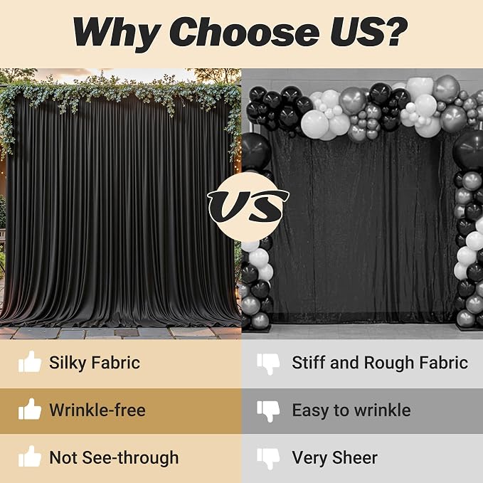 16ftx10ft Wrinkle Free Black Backdrop Curtain - 10 Feet Photography Backdrop Drapes, Silky Polyester Back Drop Cloth for Wedding Baby Shower Balloon Arch Background - Image 6