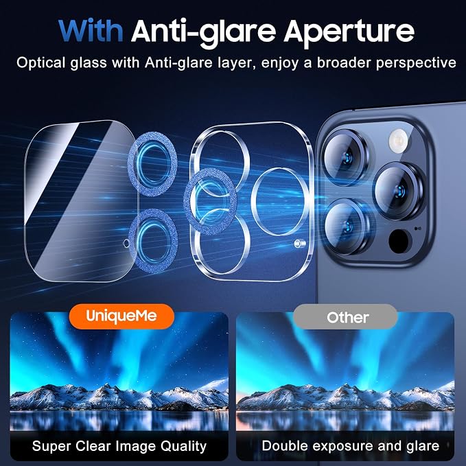UniqueMe for iPhone 15 Pro/15 Pro Max Camera Lens Protector-Glitter Blue | 3 Pack, Drop Protection, Case Friendly, 9H+ Tempered Glass, Camera Cover Screen, Update New Version - Image 5