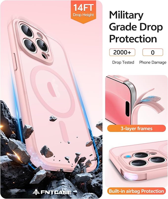 FNTCASE for iPhone 14 Pro Max Case, Fit for Magsafe, Glass Screen Protector | Full Camera Protection, Translucent Matte, 14FT Military Grade Drop Proof, Shockproof Protective Phone Cover, Light Pink - Image 5