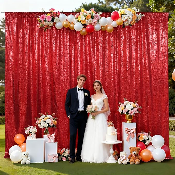SquarePie 10x10ft Red Sequin Backdrop, High Density Non-Transparent Glitter Curtain for Photography, Birthday, Wedding Party Decorations, Thick Solid Background with 4" Rod Pocket, 1 Panel by SquarePie
