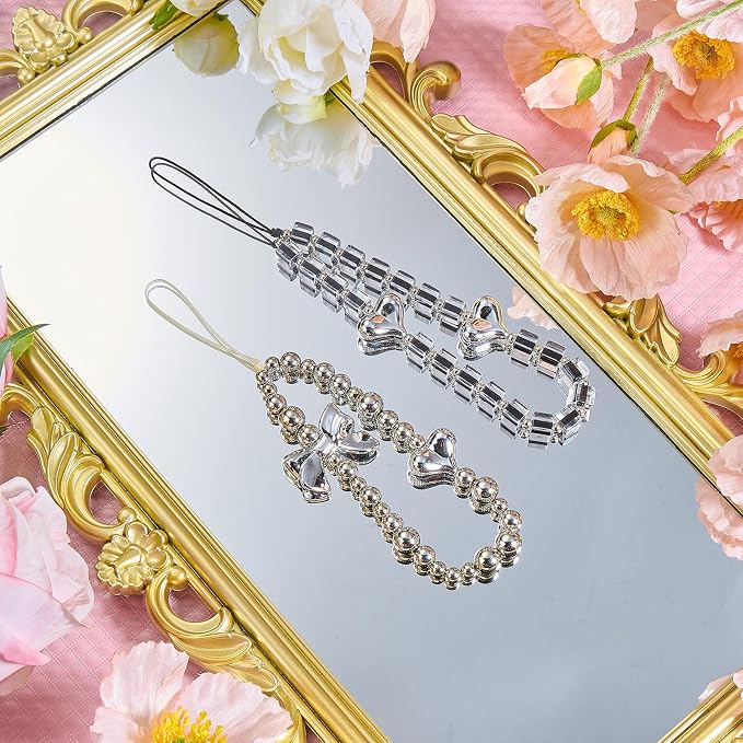 BEEFLYING Heart Beaded Phone Charm Wrist Strap for Case, Grey, 2 Pcs | Acrylic Cell Phone Chain with Bowknot Heart, for Bag Keychain Camera Wallet - Image 3