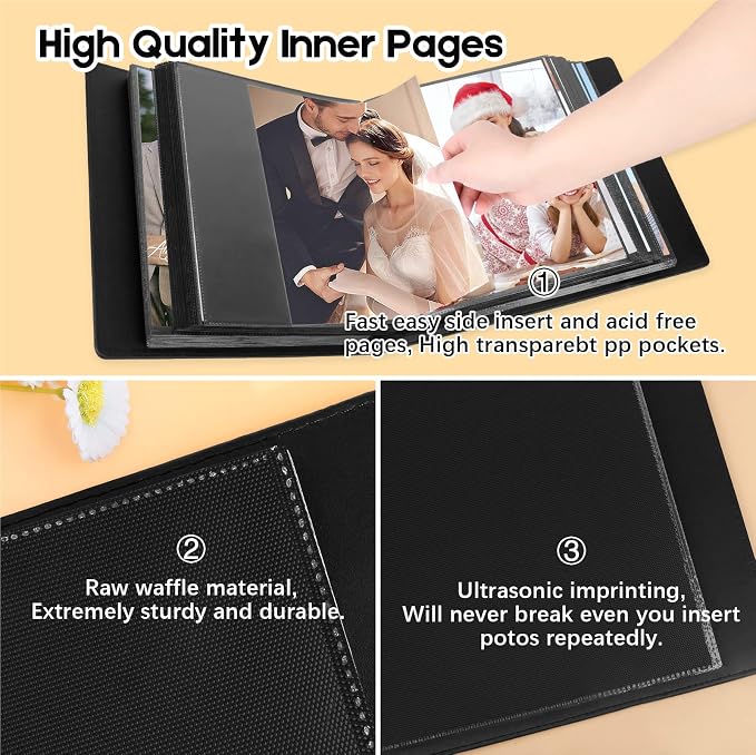 Aevdor 8x10 Photo Album, 168 Photos, Leather Cover, Black | Large Capacity, Side-Loading Clear Pockets, Vertical 8x10 Layout, Black Inner Pages, Wedding, Travel, Baby & Family Memories - Image 4