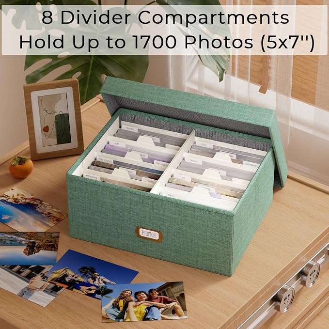 Decorative Photo Storage Box, Linen Photo Box Holds 1700 5x7 Pictures Green | Photo Storage Containers with 8 Dividers, Memory Keepsake Organizer for Photos, Scrapbook Supplies, Cards, Stamps,Archive Box - Image 2