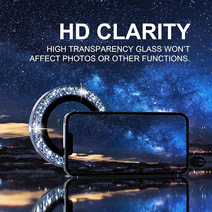 Choiche for iPhone 13 Pro/iPhone 13 Pro Max Camera Lens Protector | Ultra HD, Bling 9H Tempered Glass Camera Cover Screen Protector Metal Ring Decoration Accessories (Glitter-Silver) - Image 6