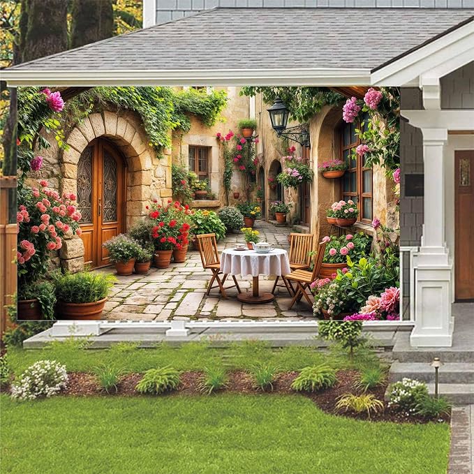 8X6ft Italian Theme Backdrop Italy Town Street Backdrop for Photography, Europe Village Town Landscape Photography Background Garden Tea Party Barnner Photo Studio Props, Color-4 - Image 2