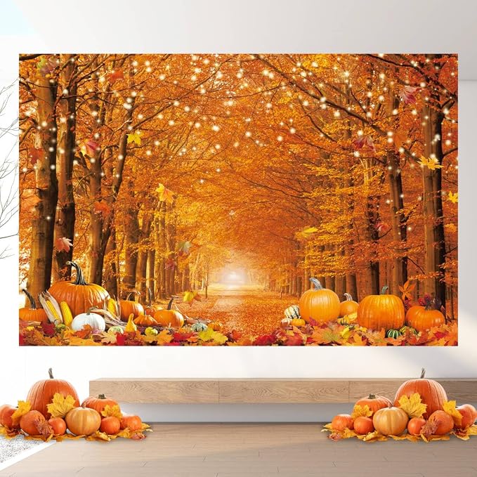 12x8FT Fall Photo Backdrop for Photography Thanksgiving Day Friendsgiving Autumn Forest Scenery Maple Leaves Background Pumpkin Party Decorations Banner Photo Props - Image 2