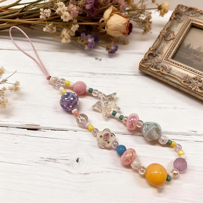 2 Pcs Phone Charm Strap Hand for iPhone Wrist Strap Camera Lanyard Pearl Beaded Cute Chain String Accessories Universal for iPhone 17 16 Pro 15 Samsung Women Girls Keychain Colored Beads and Shells - Image 4