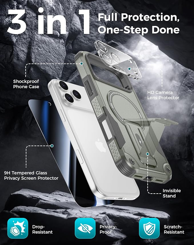 Goton 3 in 1 for iPhone 17 Pro Max Case with Privacy Screen Protector Grey | Glass Camera Lens Protector,Compatible for MagSafe,Invisible Kickstand, Shockproof Phone Cover for iPhone 17 Promax - Image 3