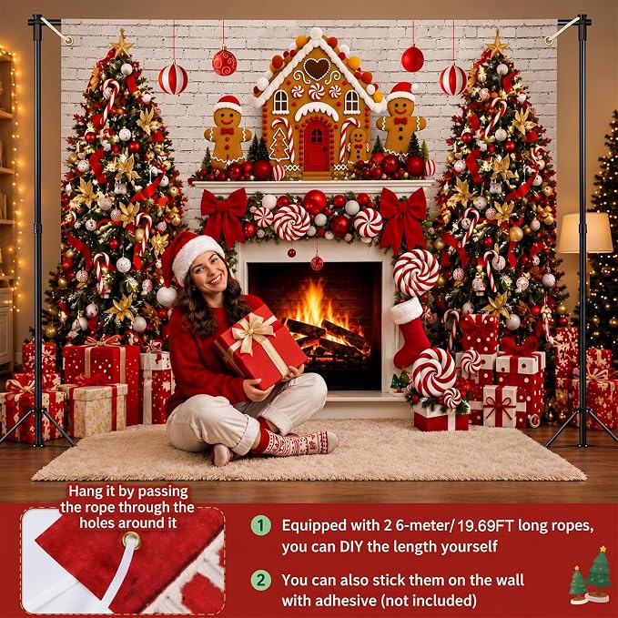 Peryiter Christmas Backdrop for Photography Xmas Tree Stocking Candy Gift Polyester Background Decoration Party Backdrop for Home Decoration Photo Studio Props (7x5 ft,Gingerbread House) - Image 3