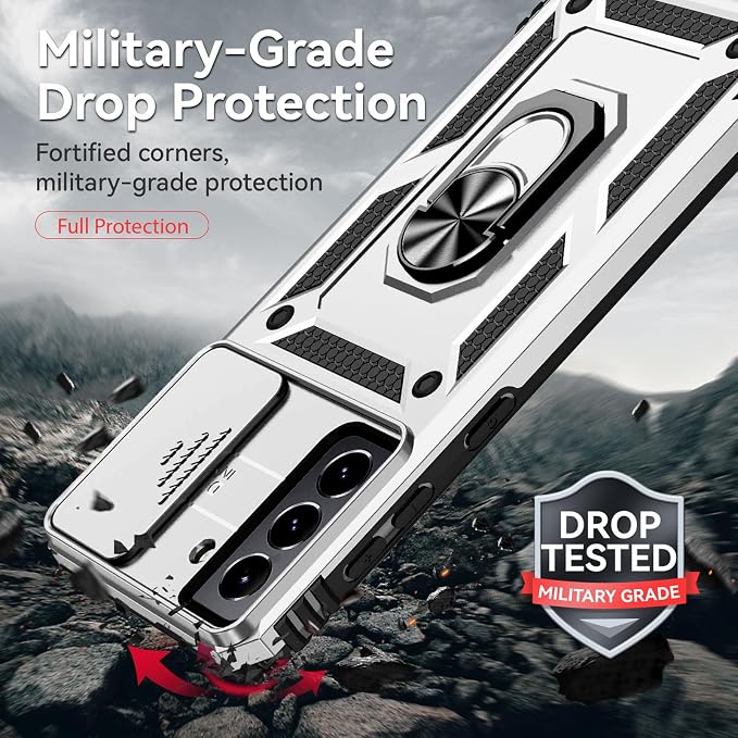 HNHYGETE for Galaxy S21 Case with Screen Protector: [Military Grade 20ft. Drop Tested] Ring Shockproof Protective Phone Case for - Samsung Galaxy S21 (Silver) - Image 3