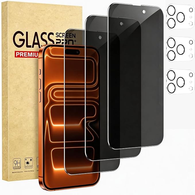 3 Pack Privacy Screen Protector for iPhone 17 Pro Max+3 Pack Camera Lens Protector with Tempered Glass, Touch Sensitive and Case Friendly by Cutebe