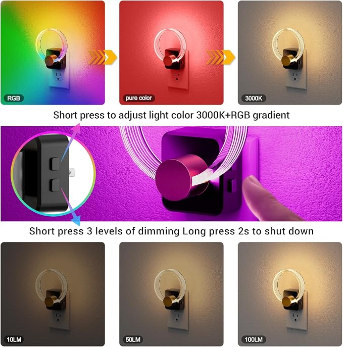 JandCase Night Light, 2 Pack Color Changing Night Lights Plug into Wall | RGB Nightlight with Light Sensor, 180° Rotatable Plug in Nightlights, Dimmable Ring Acrylic Night Light for Kids Gift Hallway - Image 4