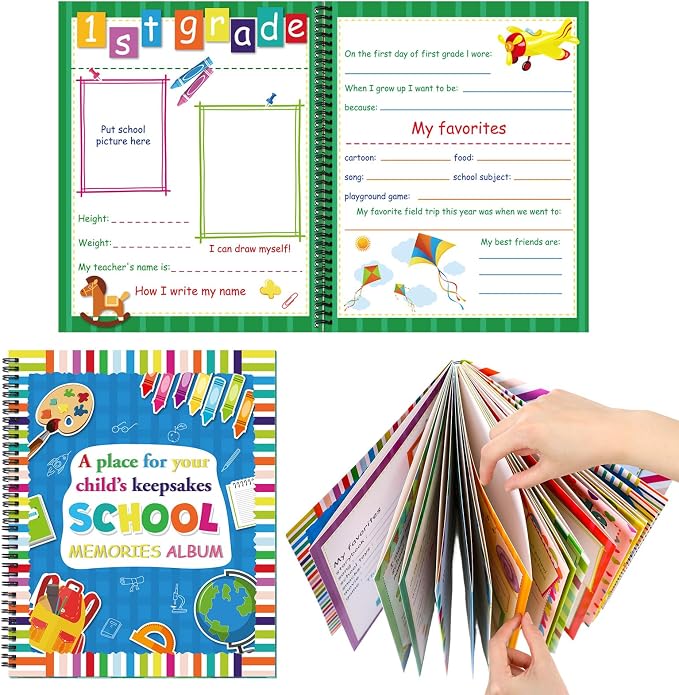 Motipuns School Memory Book Photo Album for Kids, Blue Style | School Years Keepsake Book Album Scrapbook from Preschool Through 12th Grade with 14 Pocket for Storage Portfolio Pictures by Motipuns