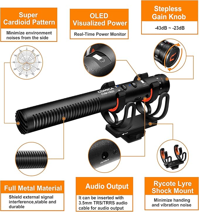 COMICA VM20 Shotgun Microphone for Camera, Super-Cardioid Camera Microphone with Rycote Shockmount, Windscreen, Wind Muff, OLED Power Display, Video Mic for Smartphones, DSLR Cameras, Camcorders - Image 2