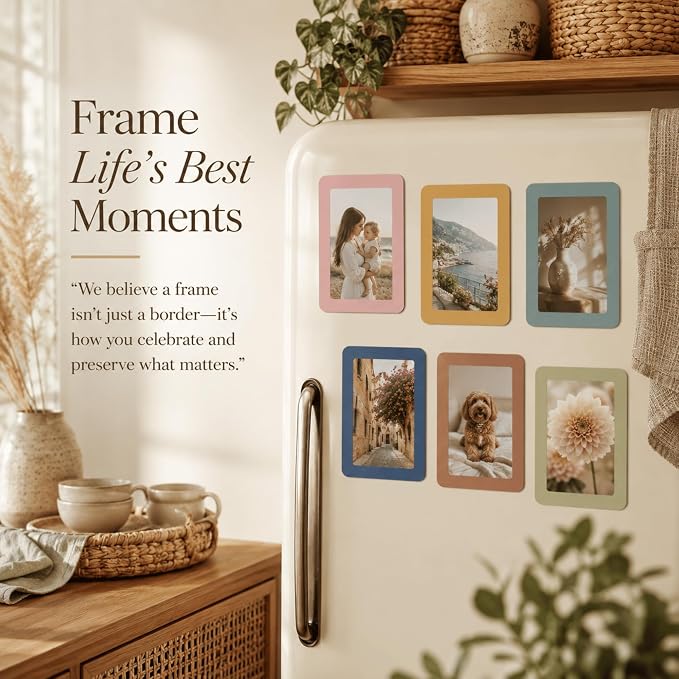 12 Pack Boho Magnetic Picture Frames 4x6 - Earthy Neutral Tones Minimalist Magnet Photo Borders for Refrigerator, Locker, Classroom & Office Decor - Open Face Aesthetic Home Accessories - Image 5
