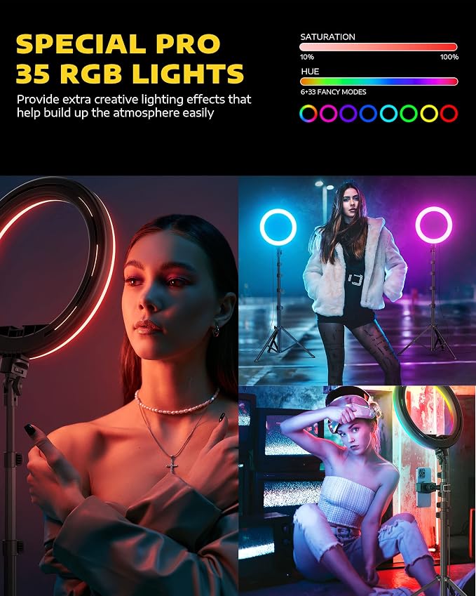 Kaiess 10.2" Selfie Ring Light with 65" Adjustable Tripod Stand | Phone Holder for Live Stream/Makeup, Upgraded Dimmable LED Ringlight for Tiktok/YouTube/Zoom Meeting/Photography (rgb) - Image 4