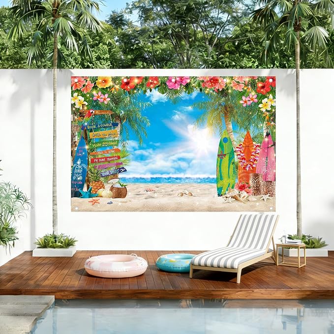 12x8ft Summer Hawaiian Beach Photography Tropical Luau Backdrop | Flower Palm Leaves Background, Aloha Party Supplies, Surfboard Banner, Holiday Photo Booth, Polyester, Grommets, 1PC - Image 2