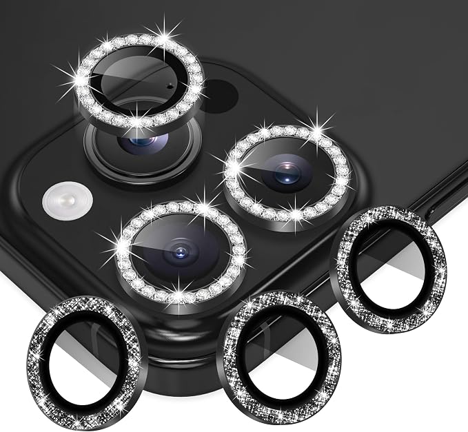 AGVEE 3+3 6 Pack for iPhone 16 Pro & Max Camera Lens Protector Cover | Individual Bling Diamond & Bling Glitter Sparkle Cute Gem Metal Ring, 9H Tempered HD Glass by AGVEE