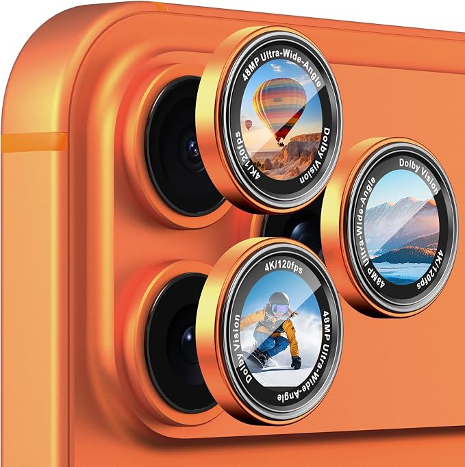 CACOE Camera Lens Protector for iPhone 14/15/16/17 Pro/Pro Max Cover | Anti-Scratch, Drop-Proof, Strong Adhesion, Camera Screen Cover, for iPhone 14-17 Pro/Pro Max, Orange by CACOE