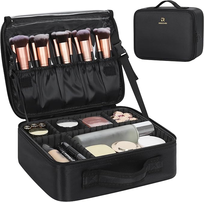Relavel Makeup Bag Large Cosmetic Bag Travel Train Case Toiletry Bag for Women with Adjustable Dividers, Travel Essentials Organizer Case Storage Box for Skincare, Brushes, Black by Relavel
