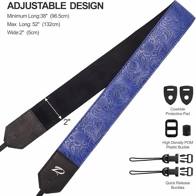 Padwa Lifestyle Camera Strap - 2" Blue Faux Leather Carving Camera Straps with Full Grain Leather Ends for Photographers, Vintage Soft Suede Fabric Padded Strap Quick Release fits All Cameras - Image 6