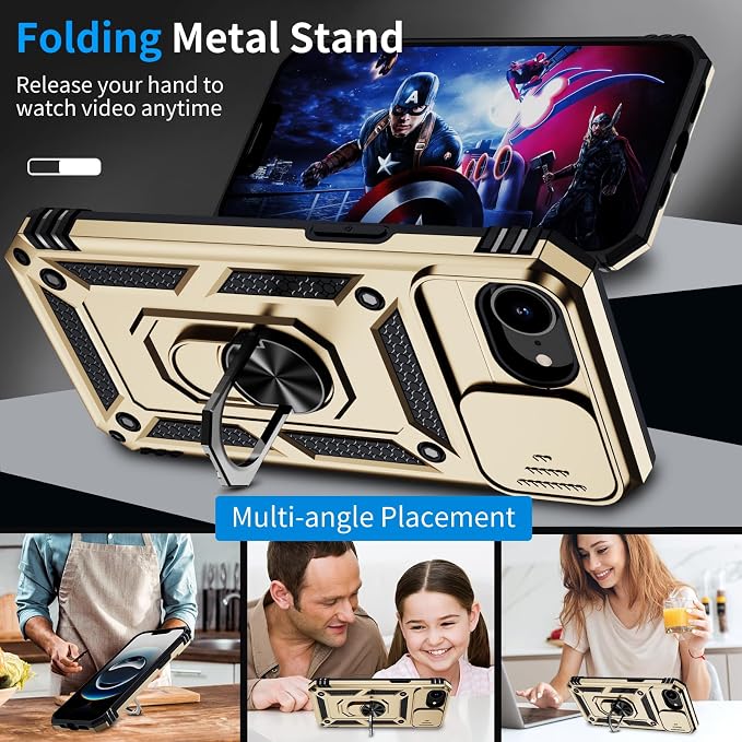 for iPhone 17e Case & iPhone 16e Case with 2X HD Screen Protector & Slide Camera Cover & Rotated Ring Kickstand, Rugged Heavy Duty Protective Phone Case for iPhone 17e/16e 6.1", Gold - Image 3