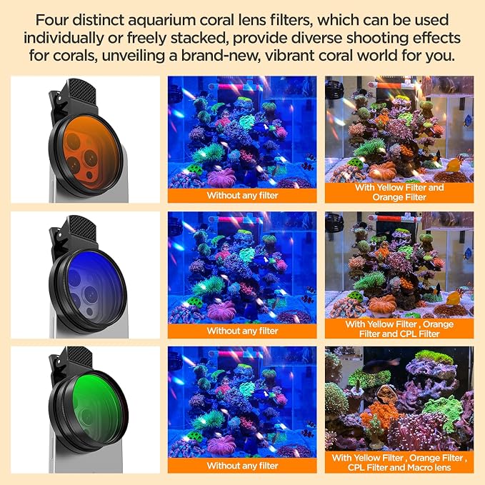 52MM Coral Reef and Reef Tank Filter Kit for Phone, CPL Polarizing+20,000k Yellow+15,000k Orange+10x Macro, Clip, Saltwater Aquarium Lens Compatible with iPhone16 15 Pro Max Samsung Moto Google TCL - Image 5